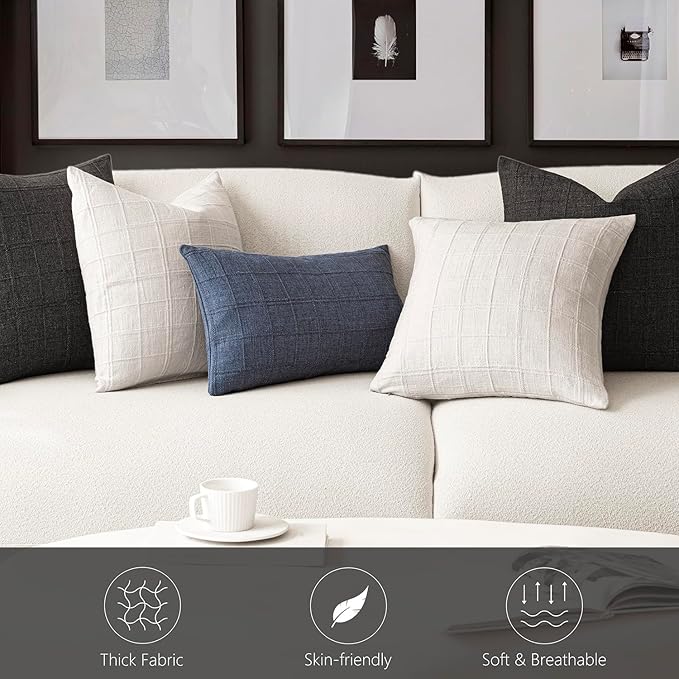 Foindtower Set of 2 Decorative Linen Check Throw Pillow Covers Neutral Farmhouse Lumbar Cushion Covers Modern Boho Home Decor for Sofa Chair Couch Bedroom Living Room,12×20 Inch,Charcoal