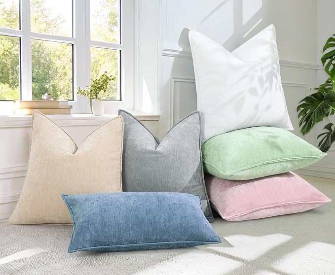 decorUhome Chenille Blue Grey Velvet Throw Pillow Covers 12x20 Set of 2 | Fall Soft Lumbar Couch Decorative Modern Farmhouse Pillow Cases with Elegant Design for Sofa Bed Living Room Home Decor