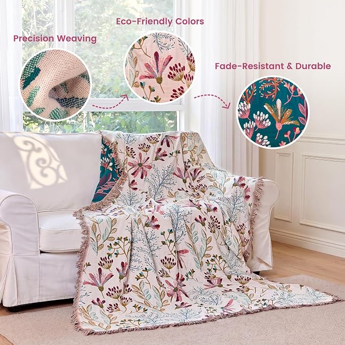 MSGKV Boho Throw Blanket 60"x80" 100% Cotton Floral Blanket for Couch Bed | 100% Cotton Muslin, Floral Throw Blanket, Reversible Weave, Lightweight Comfort, Cozy Home Decor, Machine Washable