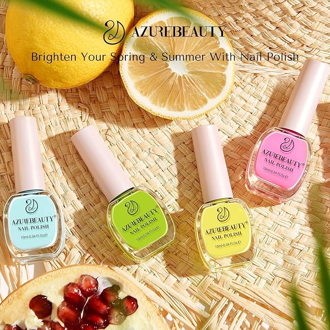 AZUREBEAUTY Nail Polish Set, 4 Colors Pastel Lime Green Yellow Pink Quick Dry Natural Nail Lacquer Strengthening Treatment Kit DIY Salon at Home