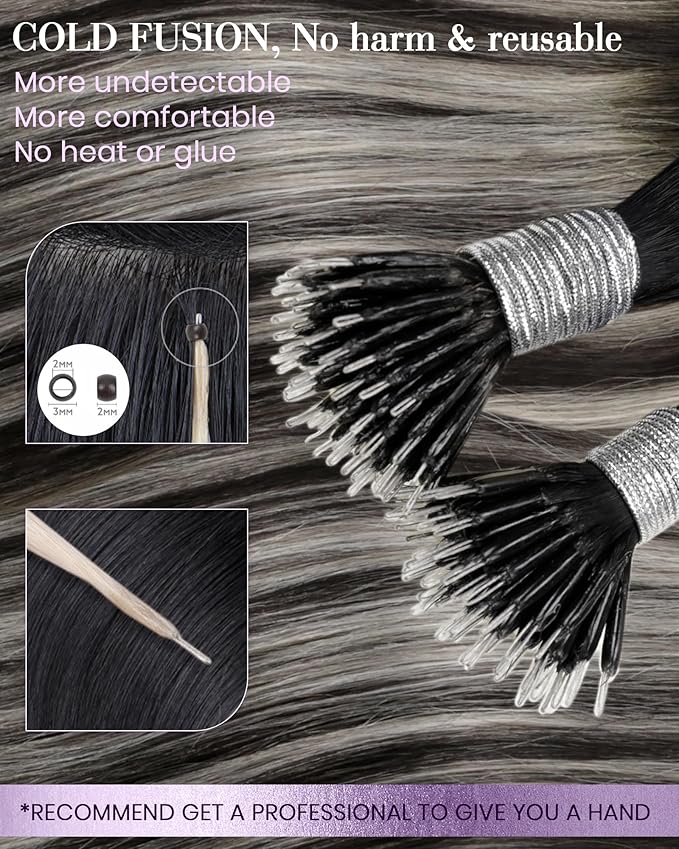 LaaVoo Nano Hair Extensions Human Hair Black Nano Bead Hair Extension Human Hair Balayage Black to Silver Nano Ring Extensions 20 Inch 50g 50s