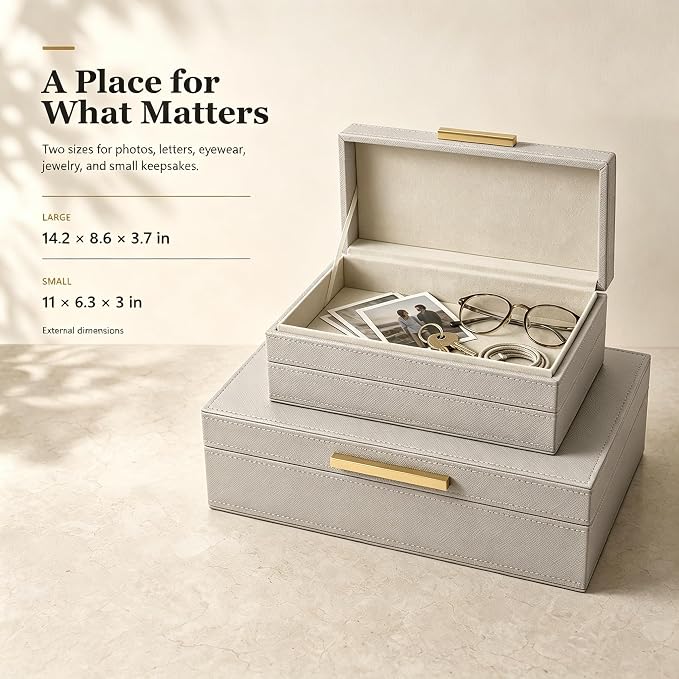 Decorative Storage Boxes with Lids, PU Faux Leather, 2 Pack,Grey | Bookshelf Home Decor Box with Gold Metal Handle, Store Photos, Documents and Memory Box Keepsakes