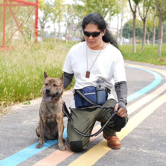 Hands Free Dog Leash Waist Pack with Bungee & Treat Pouch Oxford Water-Resistant Multi-Pocket Belt for Walking Hiking Jogging and Dog Walking (Lake Blue)