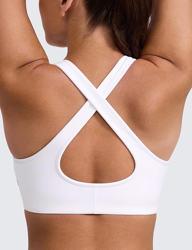 CRZ YOGA Butterlift Deep V Neck Sports Bras for Women - Padded Gym Wide Straps Cut-Out Cross Back Crop Pilates Workout Top