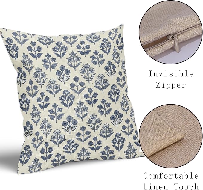 Dark Blue Floral Pillow Covers 22x22 Inch Set of 2, Vintage Flower Block Print Pattern Decorative Throw Pillowcases Outdoor Farmhouse Cushion Covers Spring Summer Rustic Sofa Couch Bed Decor