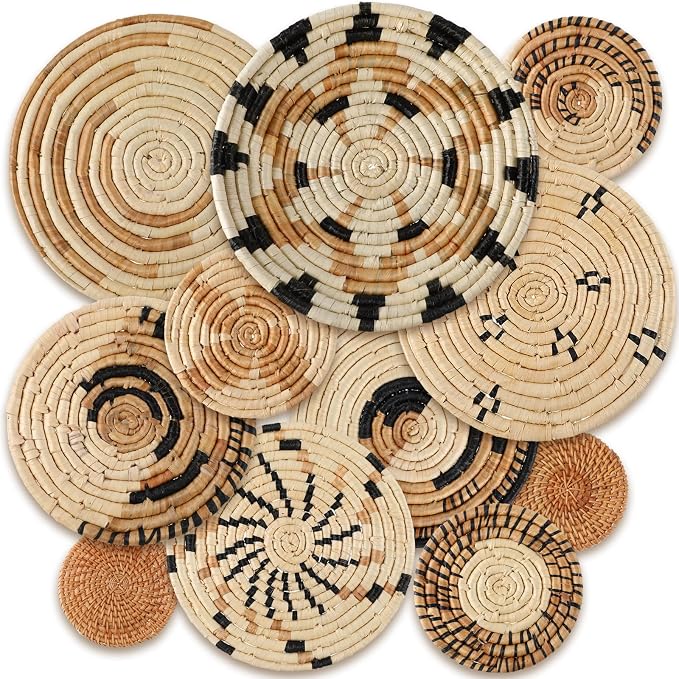 Tatuo 11 Pcs Boho Wall Basket Decor Bulrush Woven Wall Hanging Art Round Farmhouse Rustic Handmade Wicker for Summer Home, Bedroom, Living Room, Kitchen Decorations, Multi Sizes(Artistic)