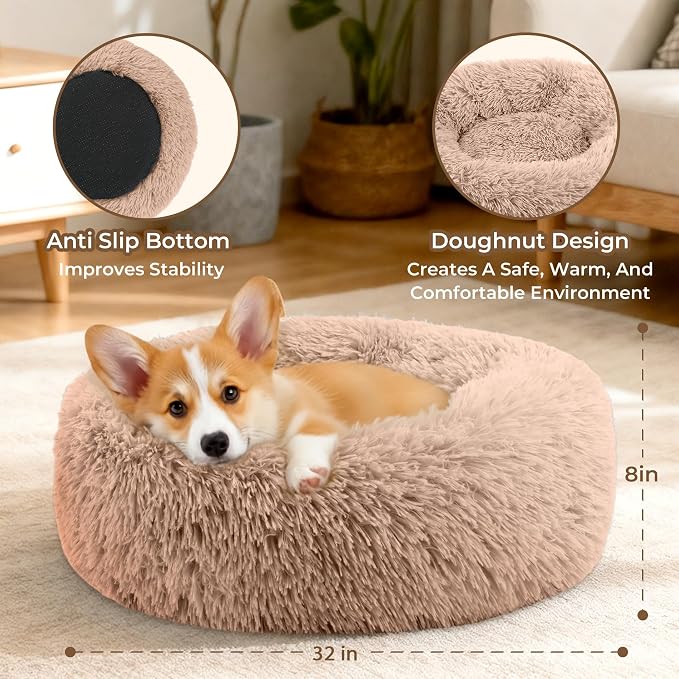 Calming Extra Large Donut Dog Bed, Anti-Anxiety Round Soft Fluffy Plush Faux Fur Washable Anti-Slip Pet Bed for Medium Dogs Up to 45 lbs 32in (Camel)