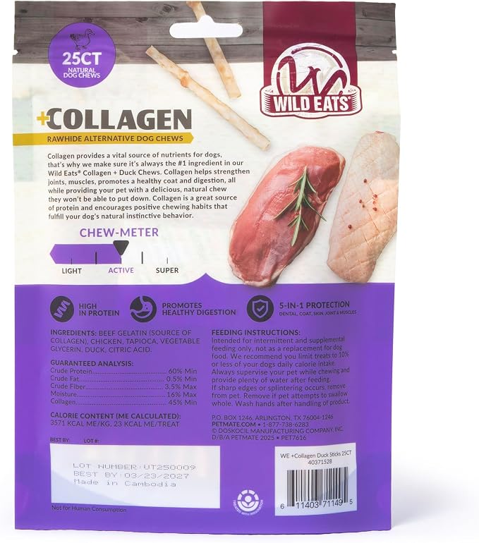 Wild Eats Real Duck Collagen Bully Sticks for Dogs, 25 Pack, Rawhide Free | No hide chew treat made without grain, 5 inch size, high protein, satisfies natural gnawing urges, suits all breeds