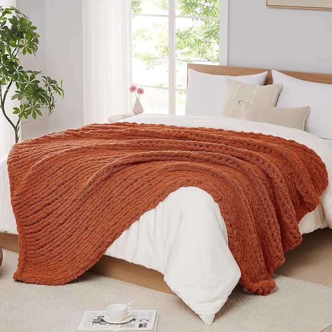 L'AGRATY Chunky Knit Throw Blanket for Couch, 72 x 84 Inches, Rusty Orange | Handmade Chenille Crochet Blanket for Sofa Bed, Thick Cable Knitted Blankets for Room Home Decor, Birthday Gift for Women Mom