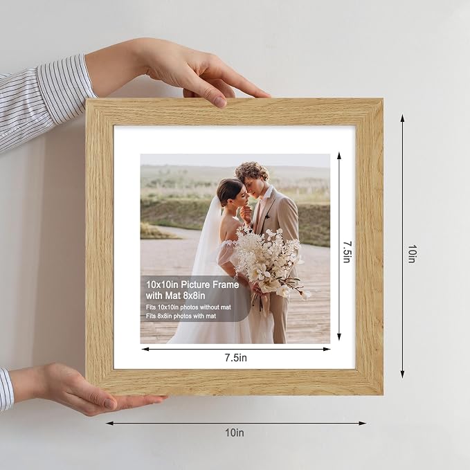 Hongkee 10x10 Picture Frame Set of 4, Made of Glass and Natural Oak Wooden Frame - Display Picture 8x8 with Mat or 10 x 10 Without Mat, 10 by 10 Photo for Wall or Tabletop
