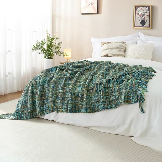 Multi-Color Cable Woven Throw Blanket for Couch - 50"X60" | Multicolored Boho Style,Super Soft Warm Cozy Chunky Blankets with Decorative Tassels for Bed and Sofa,Green