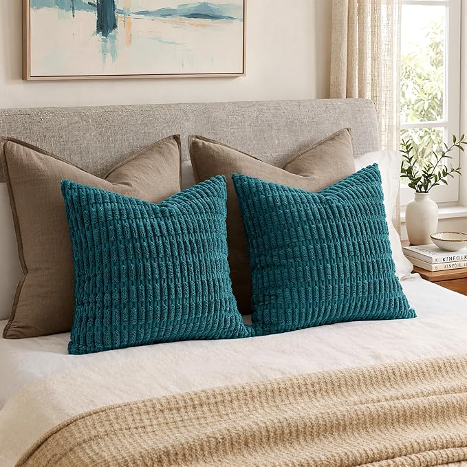 MIULEE Euro Sham Corduroy Decorative Throw Pillow Covers 24x24 Teal | Pack of 2 Soft Boho Striped Pillow Covers Modern Farmhouse Coastal Home Decor For Sofa Living Room Couch Bed
