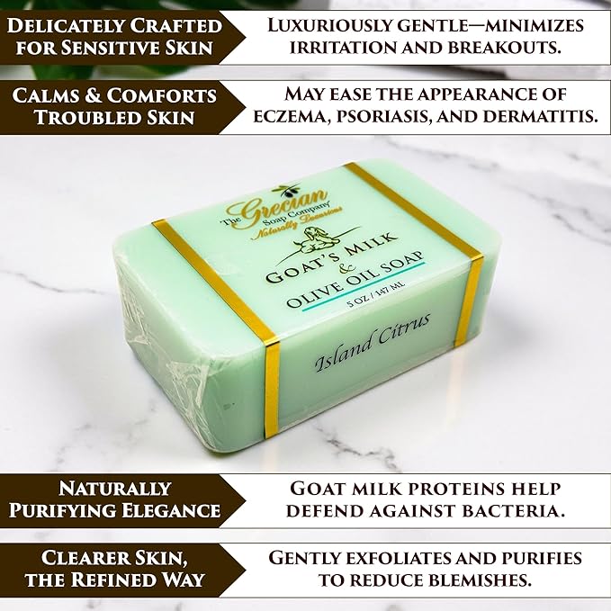 The Grecian Soap Company Goat Milk & Olive Oil Soap Bar 3-Pack – Island Citrus Scent, Natural Bar Soap for Dry & Sensitive Skin, Moisturizing & Nourishing Body Soap Bars, Made in USA, Goat Milk Soap