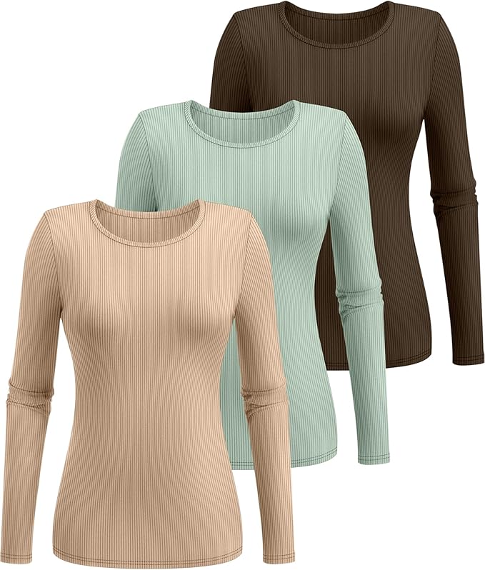 Ficerd 3 Pack Women's Ribbed Long Sleeve Tops, Crew Neck Slim Fit Undershirts Knit Basic Casual Stretch Layering Tee Shirts