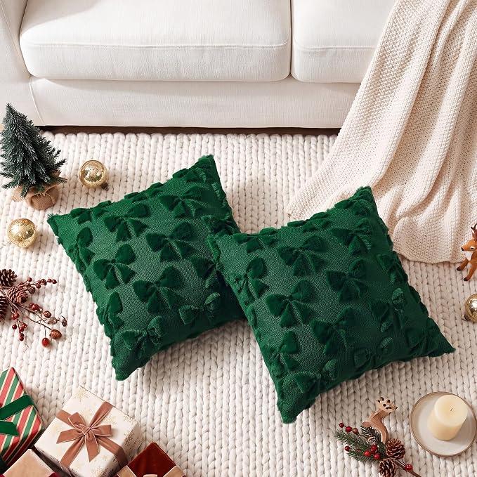 Mixweer Green Bow Pillow Covers Set of 2 Preppy Room Decor Coquette Cute Spring Summer Decorative Faux Fur Soft Bowknot Stuff Fluffy Plush Aesthetic Pillowcase for Bed Sofa Couch (20 x 20 Inch)