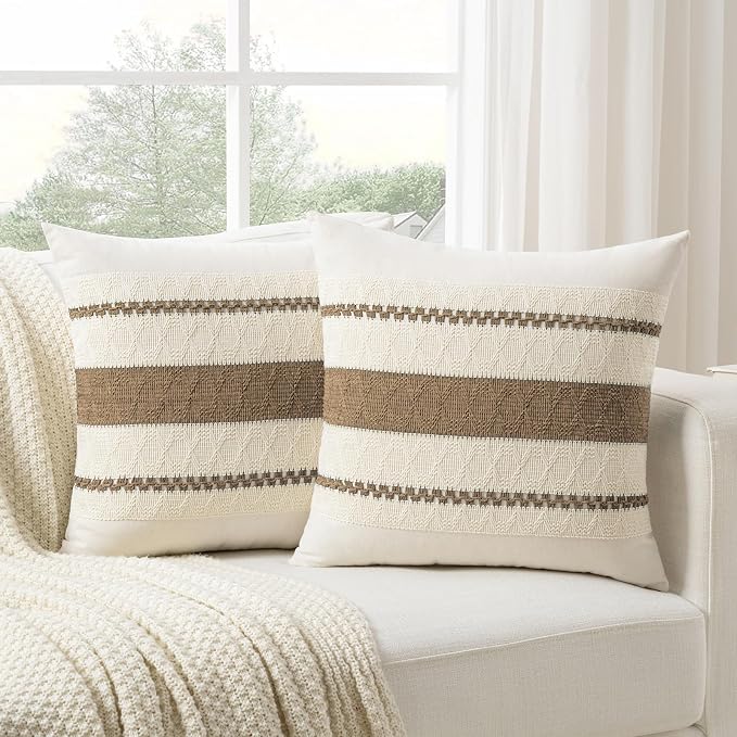 Fancy Homi Set of 1 Boho Light Brown Big Decorative Throw Pillow Cover 24x24 Inch for Couch Bed Bedroom, Aesthetic Modern Organic Farmhouse Room Decor, Soft Cotton Accent Macrame Woven Cushion Case