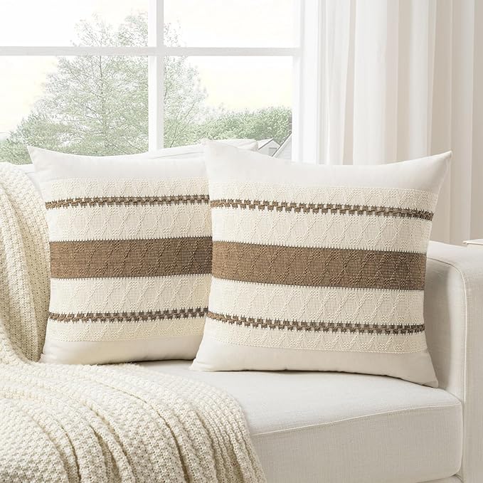 Fancy Homi Set of 2 Boho Light Brown Decorative Throw Pillow Cover 18x18 Inch for Couch Bed Sofa, Aesthetic Modern Organic Farmhouse Home Decor, Soft Cotton Cute Accent Macrame Woven Cushion Case