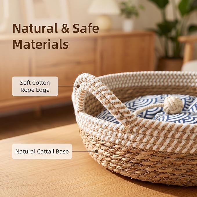 VIVIKIT Natural Cattail Cat Bed for Indoor Cats, 18.1" x 4.7" (Beige) | Naturalcattail, cotton trim, all season, scratch-proof, teaser ball, removable washable pad, for cats & dogs up to 22 lbs