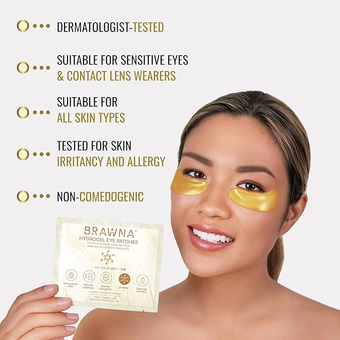 BRAWNA UnderEye Patches – Hydrogel Masks with Vitamin C, Caffeine & Collagen – For Dark Circles, Puffy Eyes, Wrinkles & Tired Skin – 24K Gold Skincare – 24 Pairs