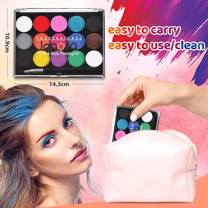 Janolia Face Painting Kit for Kids, 15 Colors Face Paint Palette, Water Activated Face Paint, Body Paint Makeup for Halloween Carnival Easter Theme Party, Ideal Facepaint Makeup Kit for Kids