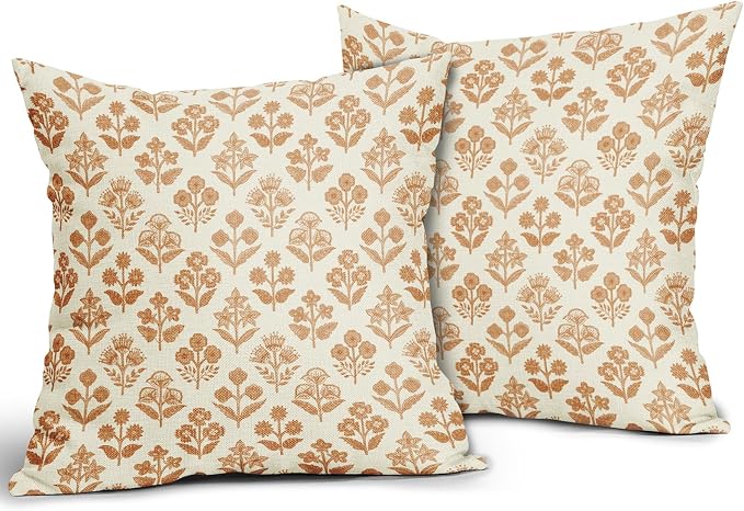 Burnt Orange Floral Pillow Covers 22x22 Inch Set of 2, Vintage Flower Block Print Pattern Decorative Throw Pillowcases Outdoor Farmhouse Cushion Covers Spring Summer Rustic Sofa Couch Bed Decor