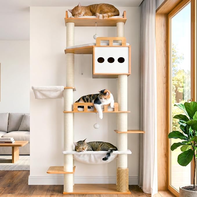 Modern Cat Tree, 76'' Tall Cat Tower - 3 Big Platform GCT103WB