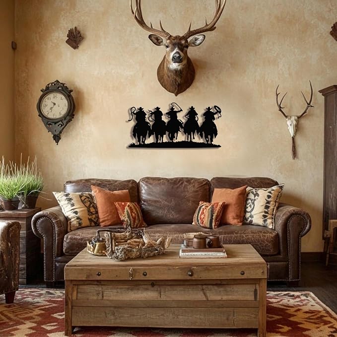 Black Metal Cowboy Wall Art, 3D Western Decor for Living Room, Rustic | Rustic 3D black metal cowboy sculpture, brings Western charm to living rooms, dens, or man caves