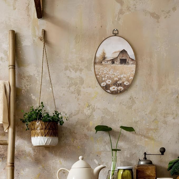 LKETW Farmhouse Country Wildflower Oval Wall Art Decor, Vintage Rustic Nature Daisy Floral Oval Canvas Hanging Decor, Retro Landscape Wall Decorations for Home Bedroom Living Room, 8.6x11.4 Inch