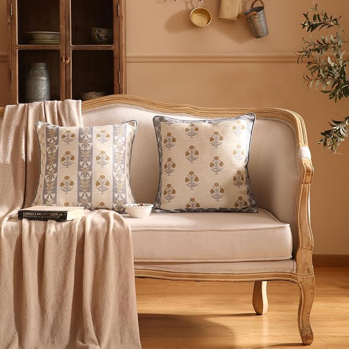 patdrea French Vintage Linen Throw Pillow Cover,18"x18",Set of 2-Istana A | Decorative Pillow Case with Zipper,Brown Floral Pattern,Pillow Cover for Couch Living Room Bedroom Sofa