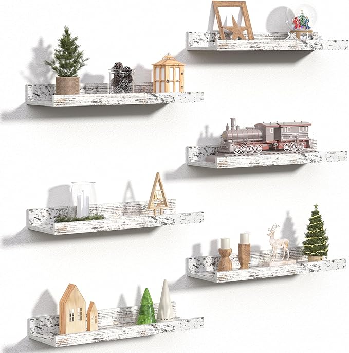 upsimples Floating Shelves for Wall Decor Storage Rustic White,6Pcs 15.7'' | Wall Mounted Wood Shelves for Living Room, Bedroom, Bathroom, Kitchen, Office, Laundry Room Display and Organize