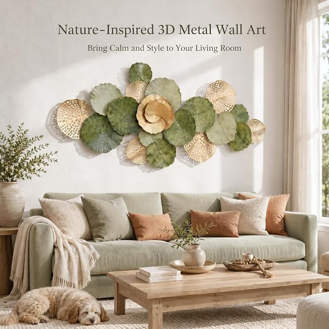 Axioglo 51" Large Wall Decor 3D Lotus Leaf Metal Wall Art for Living Room | 51" x 25" metal wall decor with layered metal texture, mounting hardware, two-way display