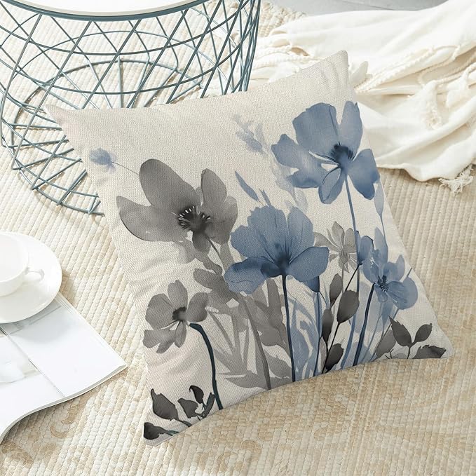 Spring Floral Pillow Covers 18x18 Inches Set of 2 Gray Blue Floral Throw Pillow Covers Outdoor Rustic Summer Flower Decoration Pillowcase Farmhouse Decorative Cushion Cover For Home Sofa Couch