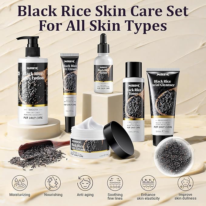 Natural Black Rice Skin Care Routine Set For Women, Anti Aging Face Kit With Face Wash, Toner, Serum, Body Lotion, Cream, Eye Cream, 6 PCS Skin Care Gift Set For All Skin Types, Acne, Fine Lines