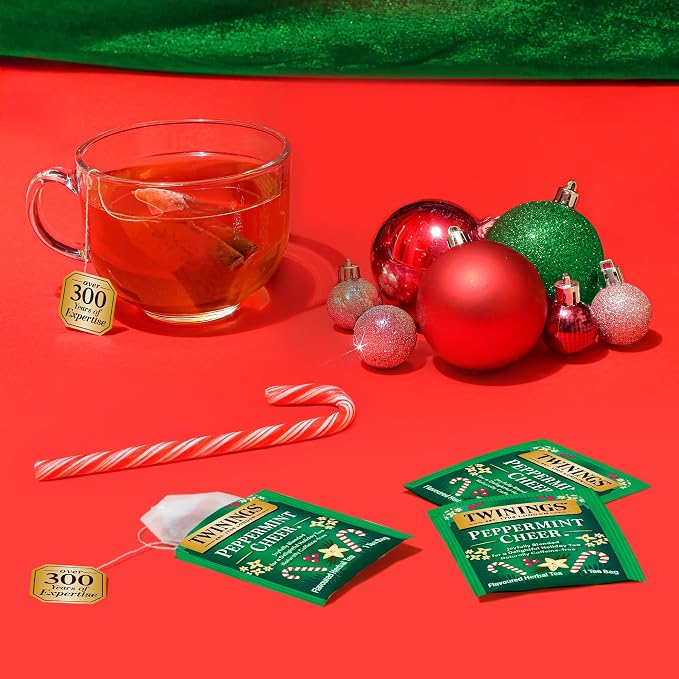 Twinings Peppermint Cheer Herbal Tea Individually Wrapped Bags, 20 Count (Pack of 1), Peppermint & Vanilla, Naturally Caffeine-Free, Enjoy Hot or Iced, 20 Teabags