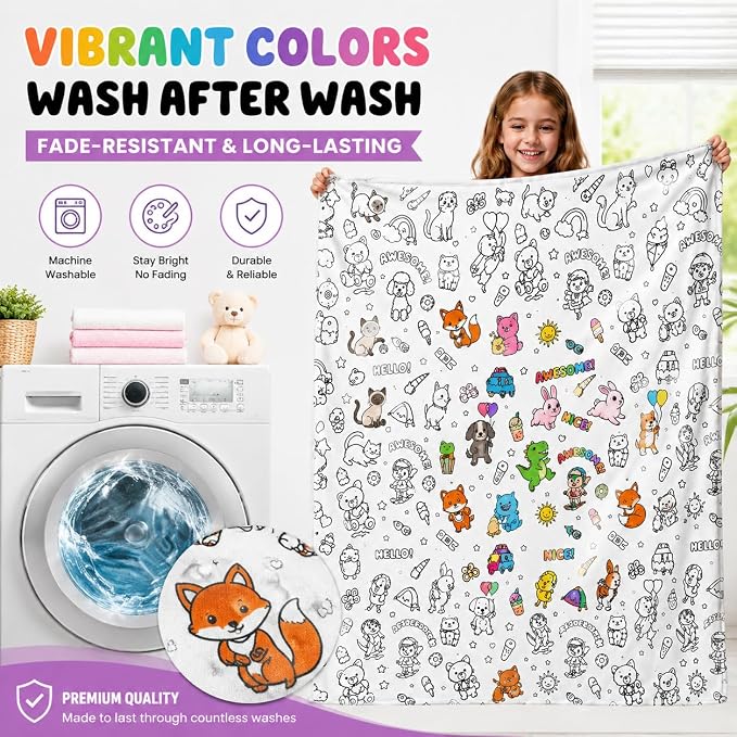 VEELU DIY Coloring Blankets with 24 Colors Markers for Adults | Custom Color In Your Own Blankets With 24 Colors Markers, Snuggle Color Sketch Washable Blankets Kit Home Decor