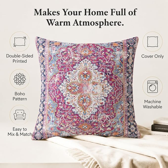 Boho Throw Pillow Covers 18x18 inch Set of 2,Soft Pillowcases Bohemia Carpet Printing Pattern Decorative Sofa Living Room Bed Square Pillow Case Cushion Cover-Purple