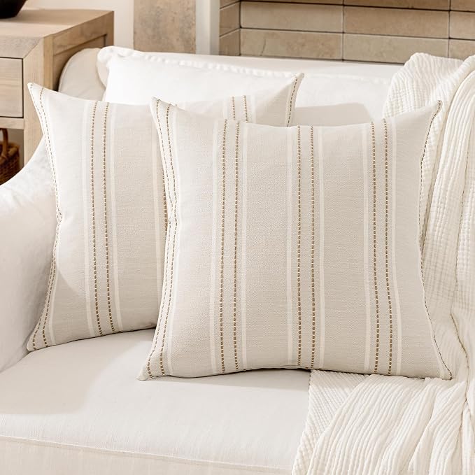 Hckot Tan Brown Throw Pillow Covers 16x16 Set of 2 Striped Pillow Covers | Farmhouse Decorative Pillows Textured Linen Square Cushion Covers for Sofa Couch Bed Living Room Decor(Tan)