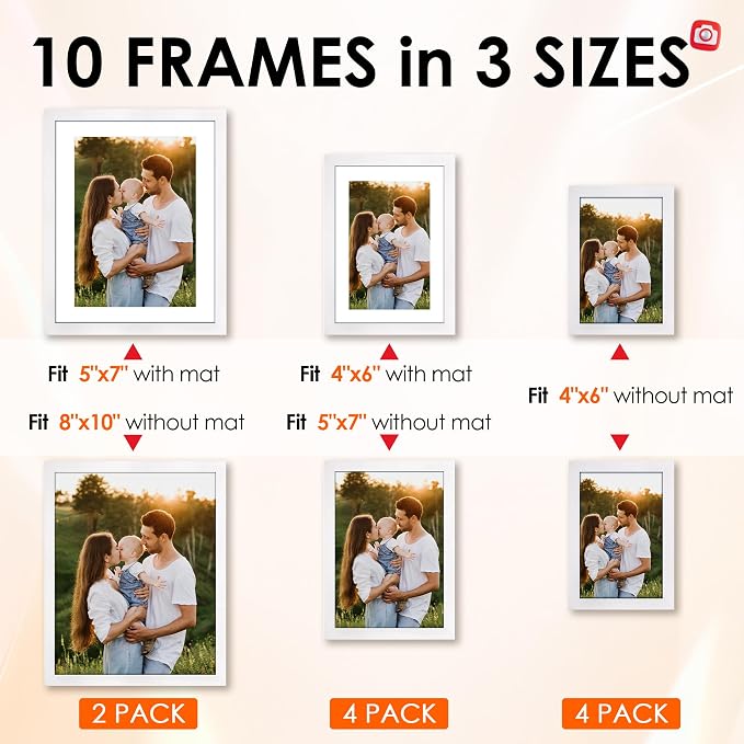 10 Pack Picture Frames Collage Wall Decor for Mounting or Tabletop Display, Gallery Wall Frame Set with Two 8x10 White Frames, Four 5x7 Frames and Four 4x6 Frames, Multi-Pack Photo Frame Set