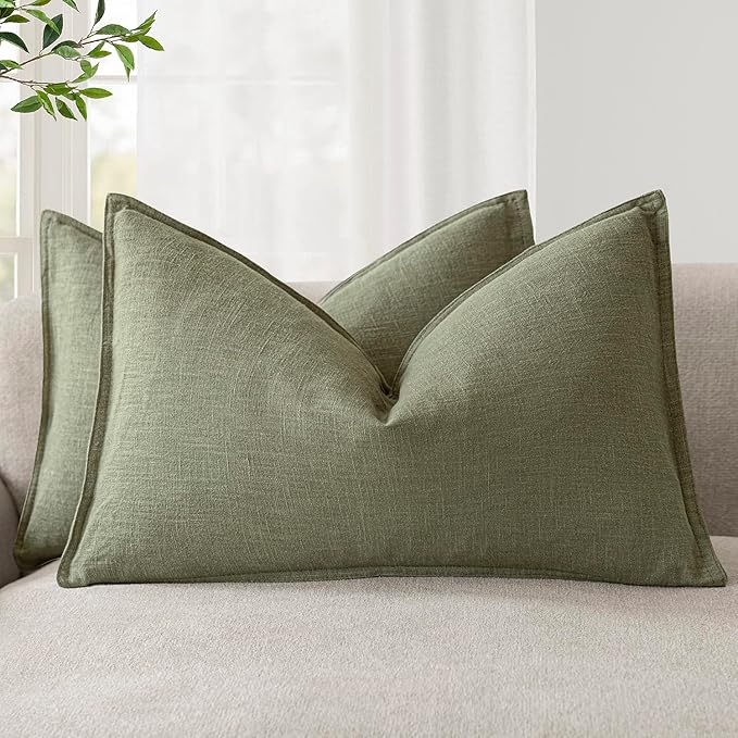 Foindtower Pack of 2, Decorative Linen Solid Throw Pillow Covers Accent Lumbar Cushion Case Boho Farmhouse Pillowcase for Chair Couch Sofa Bedroom Living Room Home Decor 12x20 Inch Olive Branch Green