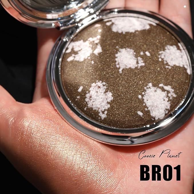FOCALLURE Shimmer Face Highlighter Makeup Powder, Gel to Powder Glow Finish, Leaving a Lightweight & Healthy Radiance, Long Lasting Luminous Face Body Highlighter Makeup,BR01 cookie Planet