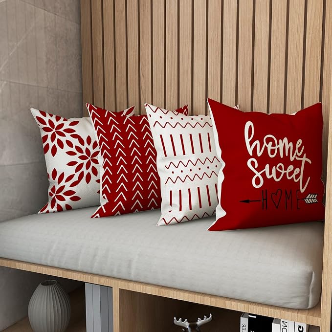 YCOLL Christmas Red Linen Pillow Covers 20x20 Set of 4, Home Sweet Home Farmhouse Throw Pillow Covers, Holiday Decorative Cushion Covers for Sofa Couch Bed, Winter Rustic Xmas Home Decor