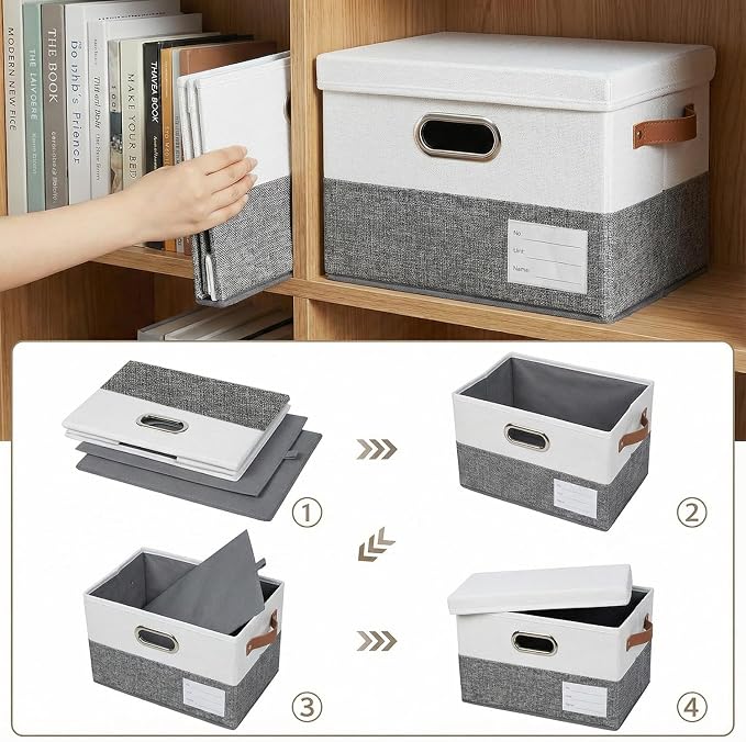 Storage Bins with Lids [3-Pack] Linen Fabric Foldable Storage Boxes Organizer Containers Baskets Cube with Cover for Bedroom Closet Office Grey&White（11.4X8.6X6.7