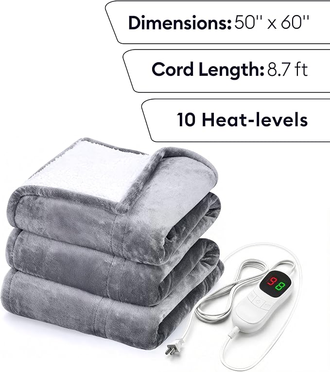 GENIANI Heated Blanket Electric Throw 50"x60" – Safe Electric Heating Blanket with Auto Shut-Off & Overheat Protection, 10 Heat Settings, Washable Heated Throw for Couch, Bed, Office & Dorm