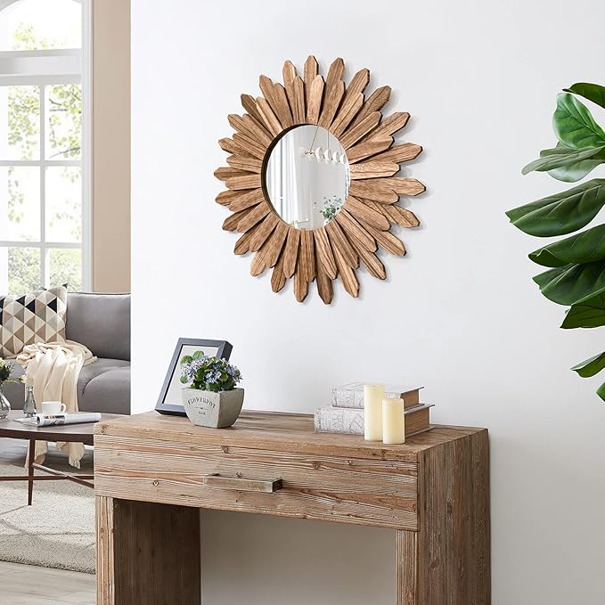 Mirror Wall Decor 21 inch Rustic Wood Boho Aesthetic Mirror for Room & Home Decor Farmhouse Wall Decor at Living Room Bedroom Carbonized Black