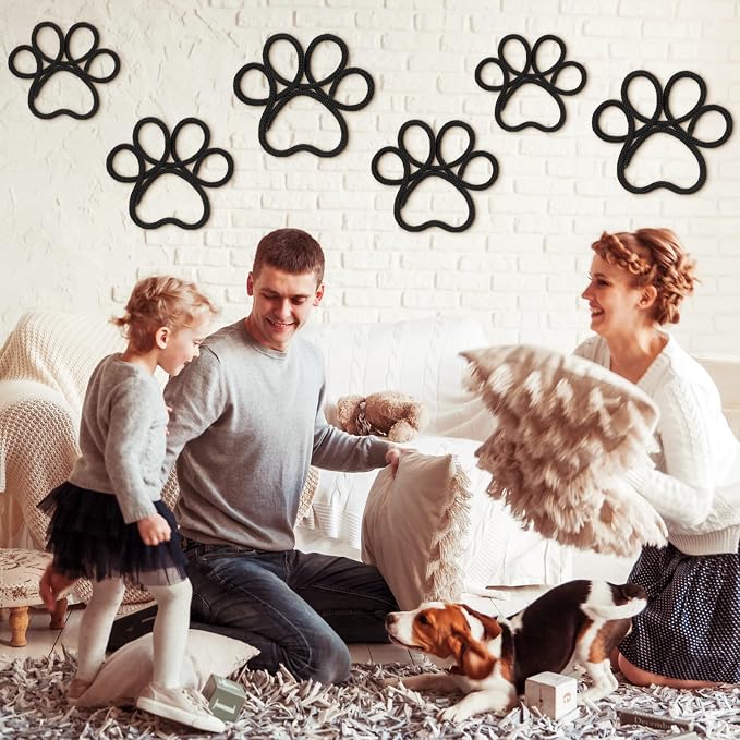 Barydat 6 Pcs Dog Room Decor Black Paw Puppy Woven Wall Hanging 3 Size Pet Wall Decor Nursery Decorations for Home Bathroom Bedroom Kitchen Dorm Art