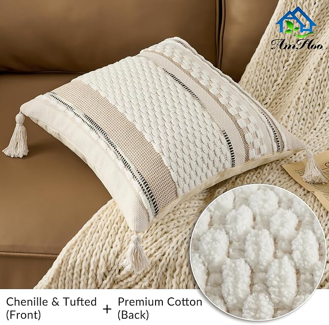 Chenille Striped Textured Boho Throw Pillow Covers Aesthetic with Tassels Woven Decorative Pillow Case for Couch Bed Sofa Bedroom Modern Funky 18 x 18-Inch White