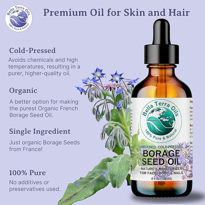 Bella Terra Oils Premium Borage Seed Oil with High GLA – 1 gallon, Luxurious Skin Radiance, Quick Absorption, Nourishing
