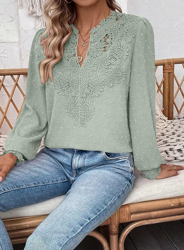 Womens Tops Swiss Dot Boho Long Sleeve Shirts V Neck Casual Chiffon Blouses Flowy Lace Hem Cute Clothing Trendy 2026