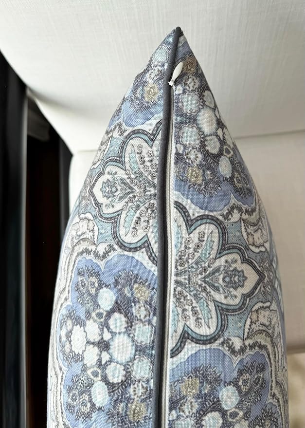 Paisley Medallion Print 20x20 Throw Pillow Cover, Blue | Blue paisley medallion on chambray slub, navy piping; both sides printed; hidden zip; cover only