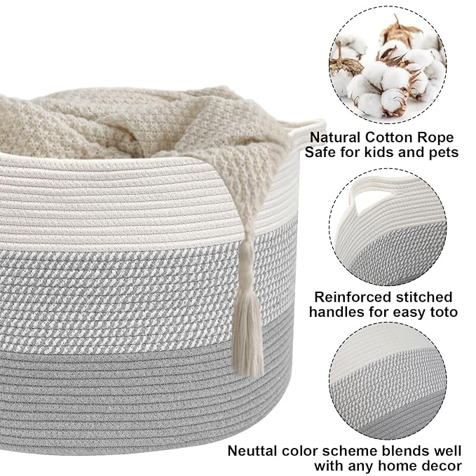 65L Large Blanket Basket,Woven Rope Laundry Basket-Grey | Collapsible, reinforced handles, nursery storage bin organizes clothes, toys and pillows for living room, bedroom bathroom
